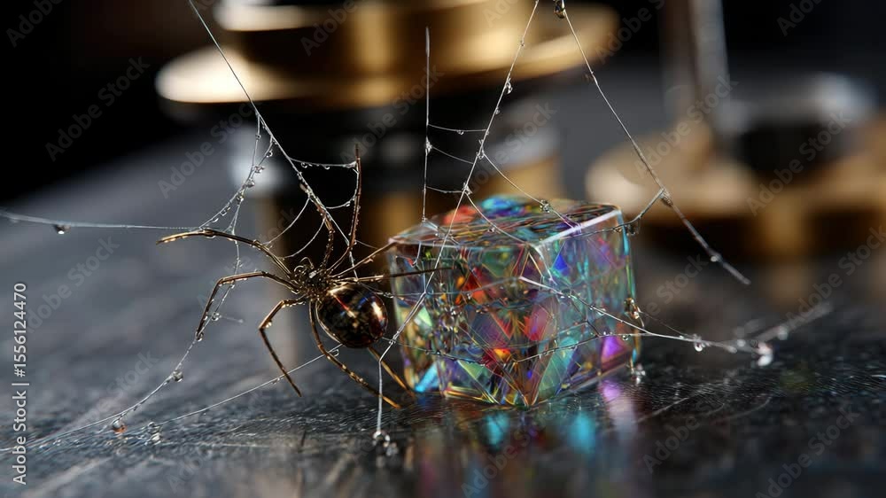 Poster spider on web with rainbow cube covered with dew on dark background with golden objects