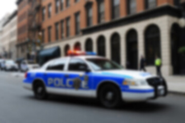 Blurry photo of a police car patrolling the busy city center.