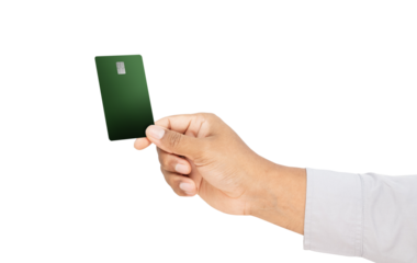 Businessman hand holding credit card on isolated white background.