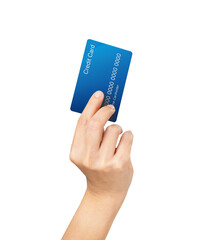 Hand holding credit card on isolated background.