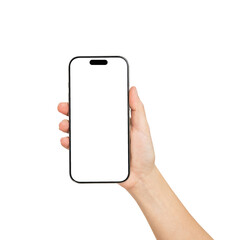 Hand holding the black smartphone with mockup of blank screen on isolated white background.