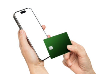 Hand holding the black smartphone with mockup of blank screen and credit card on isolated white background.
