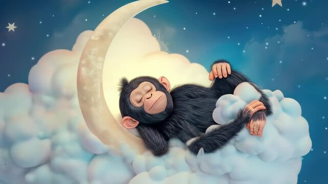 Cartoon monkey sleeping peacefully on cloud moon  
