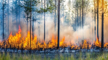 Forest fire burning wildly in pine trees forest at sunset