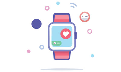 Modern flat design illustration of a smartwatch displaying a heart icon and a time indicator symbolizing health tracking and connectivity