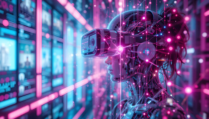 Futuristic Woman in Virtual Reality with Neon Digital Elements