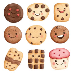 Cute cookies with smiling faces, featuring various shapes and colors, evoke joy and sweetness