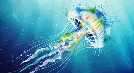  A dreamy underwater watercolor of a jellyfish in motion, enhanced with flowing splashes and ocean-inspired colors. © Purnomo