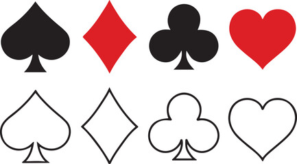 Playing Card Suit Icons on White Background – Vector Set of Spades, Hearts, Clubs, and Diamonds Symbols .PNG/JPEG/EPS