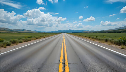 Scenic Open Road Under Bright Blue Sky with White Clouds