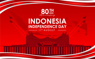 Banner or poster design for the 80th Indonesian Independence Day in 2025 with the silhouette of the Nusantara Building at the IKN, a map of the Indonesian archipelago and a fighter jet.
