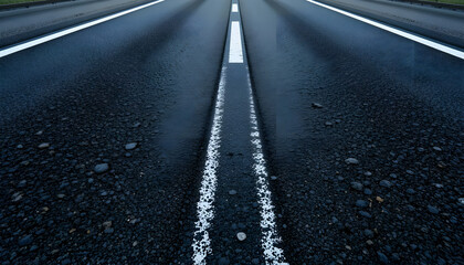 Close-Up Perspective of a Straight Asphalt Road with Lane Markings