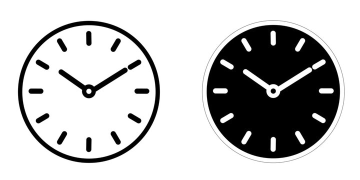 Minimalist vector illustration of two analog clocks one in white with black hands and one in black with white hands displaying synchronized times. Featuring high contrast and modern composition