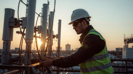 Telecommunications technician in safety gear inspecting rooftop antenna system during sunset in urban industrial environment