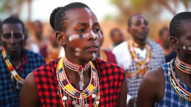 African tribal dancer in colorful attire performing with drums in the background &ndash; cultural celebration, vibrant style.