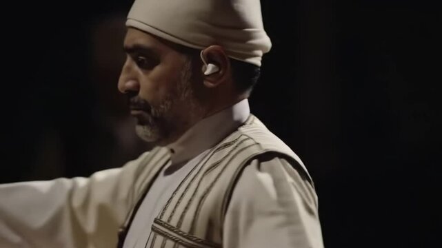 Sufi dervish spinning in traditional white robes in a spiritual ceremony &ndash; mystical cultural tradition.