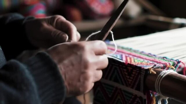 Close-up of hands weaving a traditional Peruvian textile with bright colors &ndash; craft and heritage.