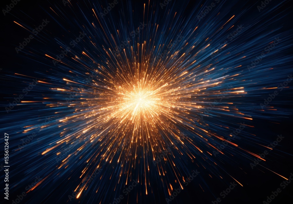 Poster light rays exploding from center in darkness. use tech, science, energy concept