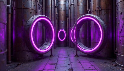 Futuristic Corridor with Neon Rings in Industrial Environment