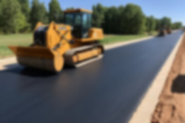 Blurry photo of the construction process of repairing/paving the highway using modern tools.
