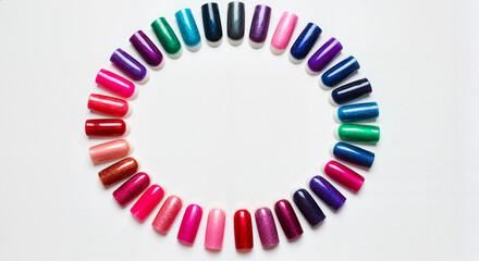 Manicure nail polish swatches in a color wheel, with space for text