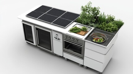Modern Kitchen Island with Solar Panels and Indoor Garden Design