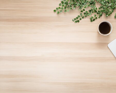 Minimalist workspace with coffee and plant