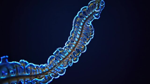 Microscopic view of an obelia hydroid colony, a marine organism, gracefully rotating against a dark backdrop, showcasing its intricate structure and delicate movements