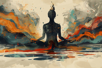 Overthinking, anxiety, depression, mental health, burnout – conceptual illustration of a meditating person overwhelmed by intrusive thoughts, emotional tension, and lack of inner peace.