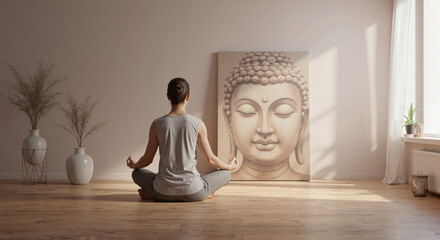 Woman meditating in front of painting, relaxation and inner peace