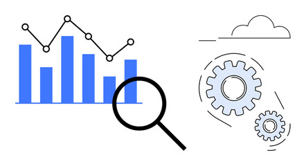 Bar graph with trendline, magnifying glass, gears, and cloud suggesting analysis, efficiency, innovation, research, productivity data-driven decisions problem-solving. Ideal for business tech