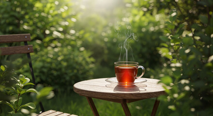 Glass cup of tea on a small table outdoors in green nature