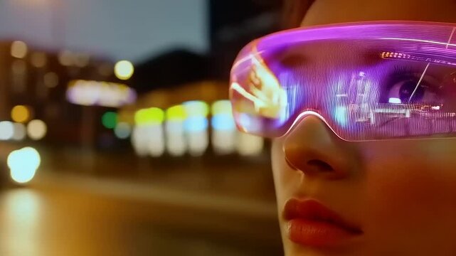 Visionary outlook: Woman in futuristic visor experiences vibrant urban world