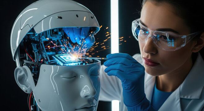 Technician repairing a glowing chip inside an open robot head. AI emotions, ethics, and human-robot interaction concepts.