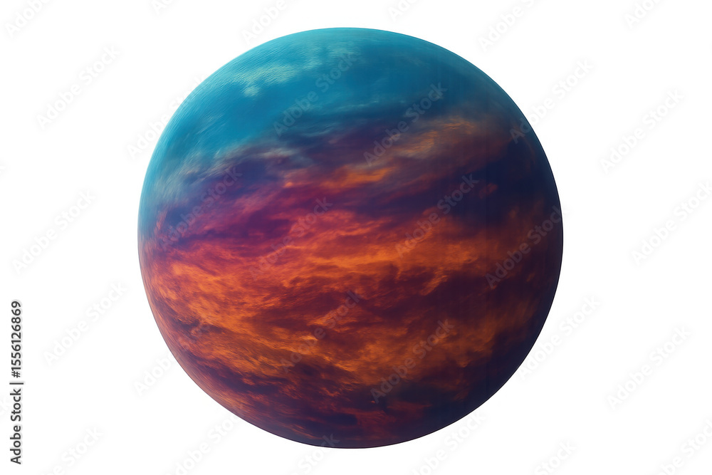Poster 3d rendering of a colorful alien planet rotating in space, with blue and orange clouds, on transpare