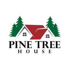house logo surrounded by pine trees, giving a comfortable, natural and environmentally friendly impression. Ideal for resorts, nature-based housing, or property companies in mountainous areas