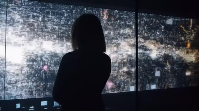 Gazing into the Digital Abyss: Silhouette Contemplating Complex Data Stream Display