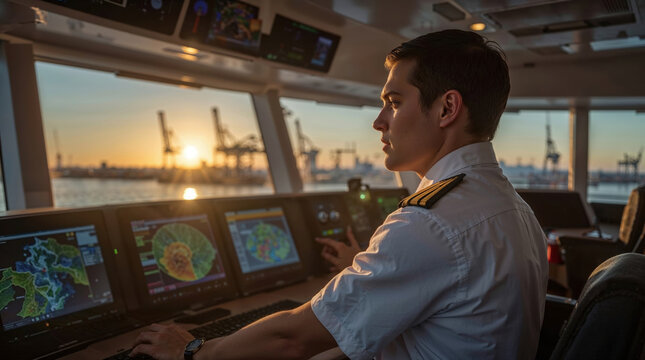 Ship captain operating navigation systems on bridge at sunset