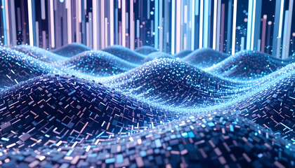 Abstract Digital Landscape with Light Waves and Pixelated Features