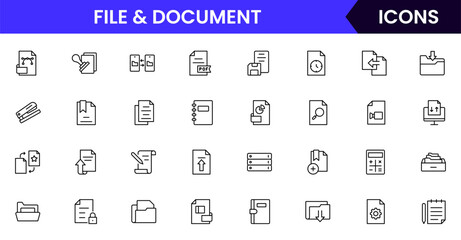 Vector line icons of files, folders, documents, PDFs, uploads, downloads, editing, sharing, archiving, and storage perfect for digital platforms, apps, and websites.