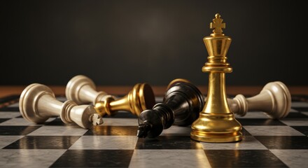 chess pieces on a chessboard,  Golden Chess King Standing Victorious Among Fallen Pieces – Symbol of Power, Strategy, and Leadership on Classic Checkered Board



