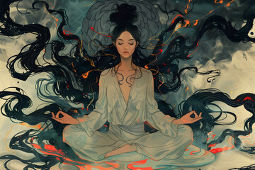 Overthinking, anxiety, depression, mental health, burnout – conceptual illustration of a meditating person overwhelmed by intrusive thoughts, emotional tension, and lack of inner peace.
