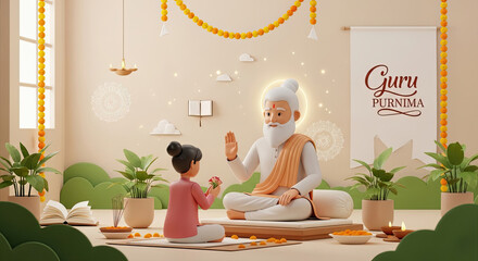 Illustration of Student Seeking Blessings on Guru Purnima – A Moment of Deep Reverence Between Guru and Shishya in Traditional Indian Style – Spiritual Legacy of Guru Purnima