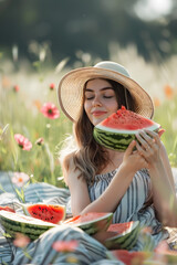 woman in sunhat eating watermelon, summer picnic, field, soft light