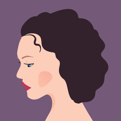 Portrait of a fashion woman. The head in profile of a European brunette woman. Face of girl. Flat design for for landing page, banner, social Media Avatar. Color vector illustration.
