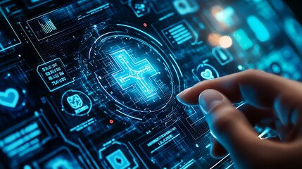 Doctor using futuristic interface managing hospital resources and checking patients health status