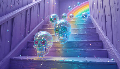 Colorful Transparent Skulls Flowing Down Magical Rainbow Stairs