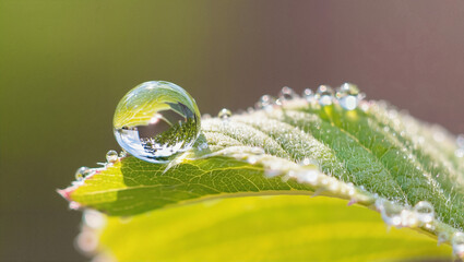 Water drop on green leaf reflecting trees, nature closeup