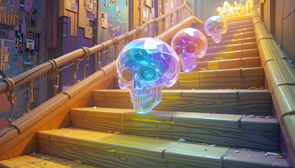 Colorful Crystal Skulls on Staircase in Fantasy Environment