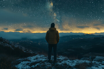 Obraz premium Man gazing at milky way from mountain peak observing the universe and night sky landscape